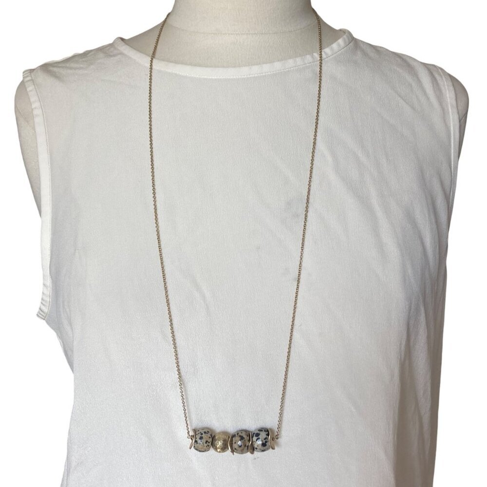 Canvas Gold Tone Chain Necklace Speckled Tone Pendant Ethnic Boho Neutral